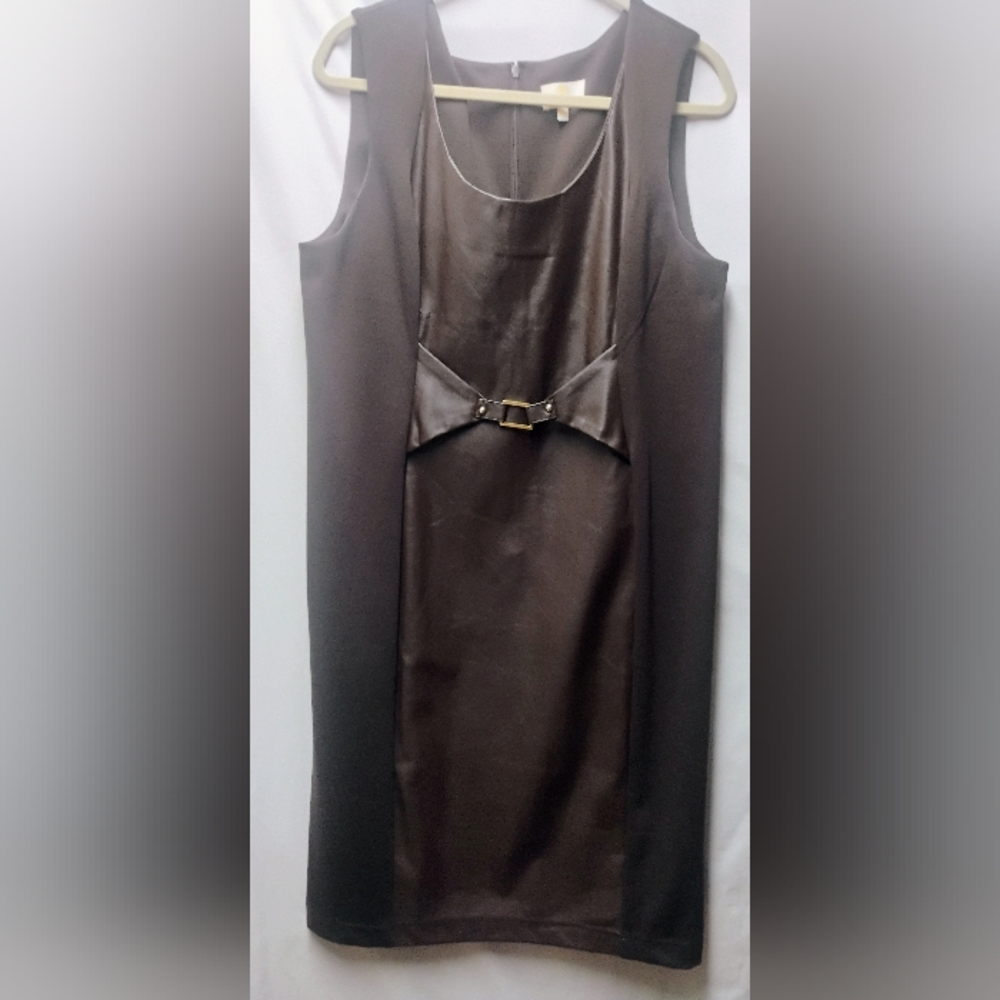 Liz Lange Chocolate Brown Faux Leather Midi Dress with Buckle Accent